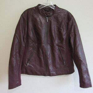 KENNETH COLE Burgundy Faux Leather L Long Sleeve Full Zip Side Ribbed Jacket
